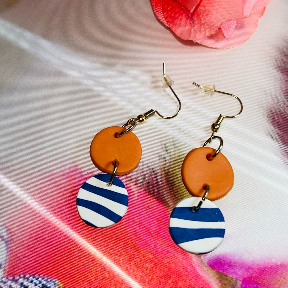 Orange and Blue Striped Earrings - Picture 11 of 16
